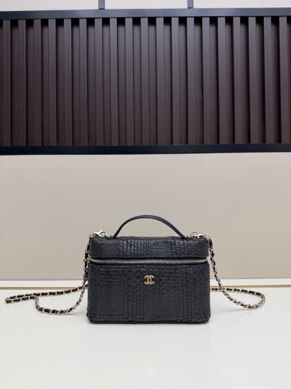 Chanel Classic Long Vanity With Chain Braided Raffia & Gold